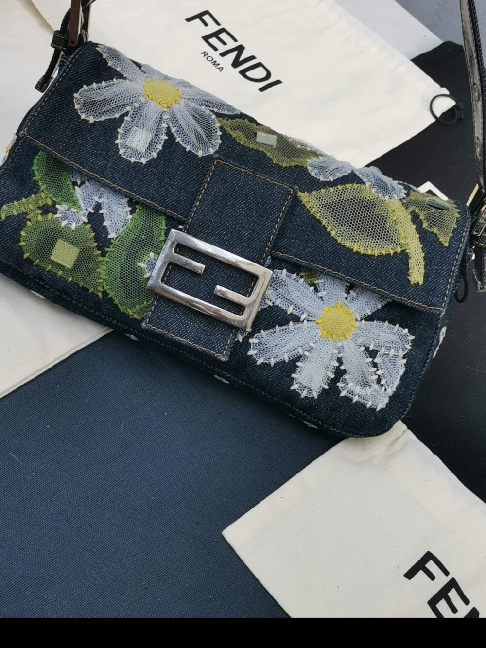 Fendi Floral Denim Baguette Bag in Blue